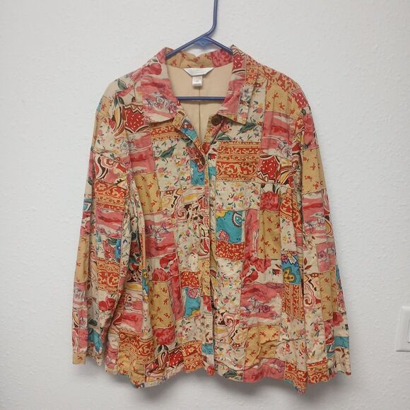 Fall Quilt Patchwork 2x Floral Button Front Shirt Jacket Coat Blazer C Banks - Picture 5 of 8